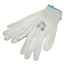Kötött kesztyű fehér nylon, XL-es méret, 10` poliuretánba mártott teny. és ujjhegy., gumírozott mandzsetta