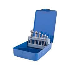 kúpos süllyesztő klt. 6db, 90 fokos, 3 élű; 6,3-8,3-10,4-12,4-16,5-20,5mm, 1/4″ háromszög befogás, HSS acél, fém doboz