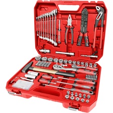 szerszám és dugókulcs klt.,100db; 1/4″, és 1/2″ racs.kar (45 fog), cs-v kulcs, csavarhúzó, fogók