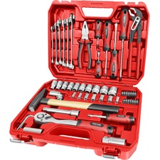 szerszám és dugókulcs klt., 55 db; 1/2″ racsnis hajtókar (45 fog), dugófejek, BIT-ek, csavarhúzók, csillag-villás kulcs.