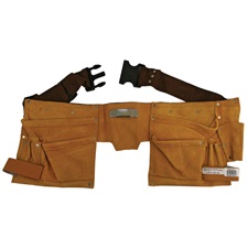 szerszámtartó öv, sok zsebes, hasított bőr; műanyag csattal